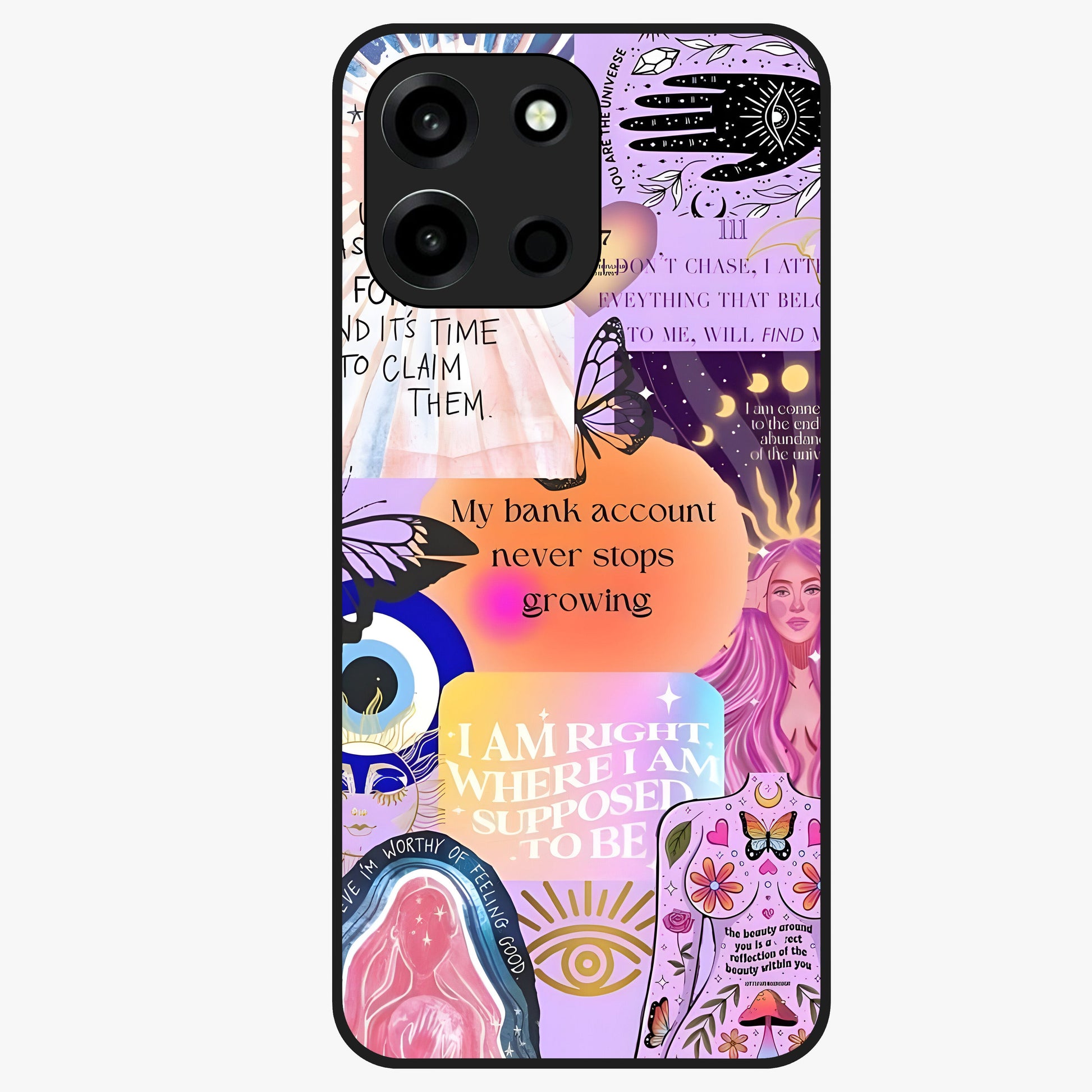 Manifestation Collage Glass Case showing flat back view with motivational collage artwork and glossy glass finish.