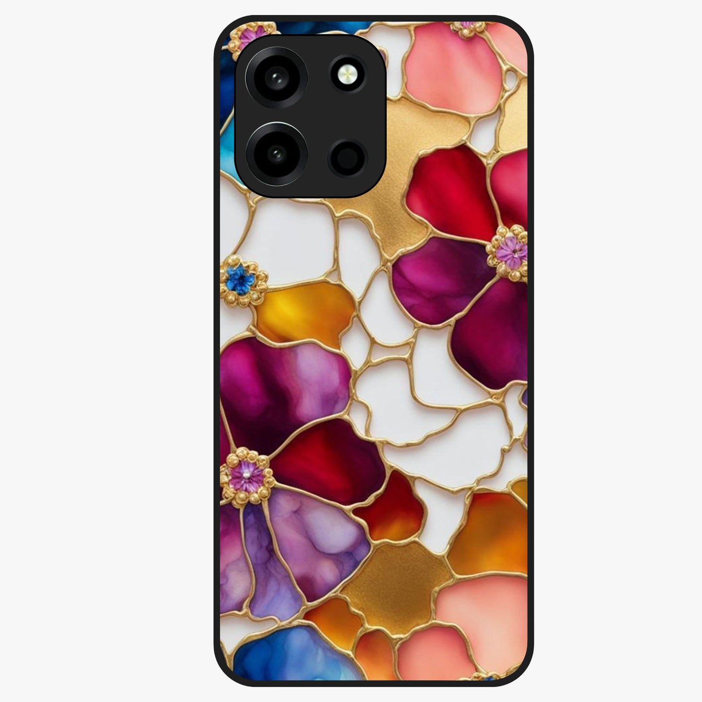 Marble Flower Pattern Glass Case showing flat back view with marble texture floral artwork and glossy glass finish.