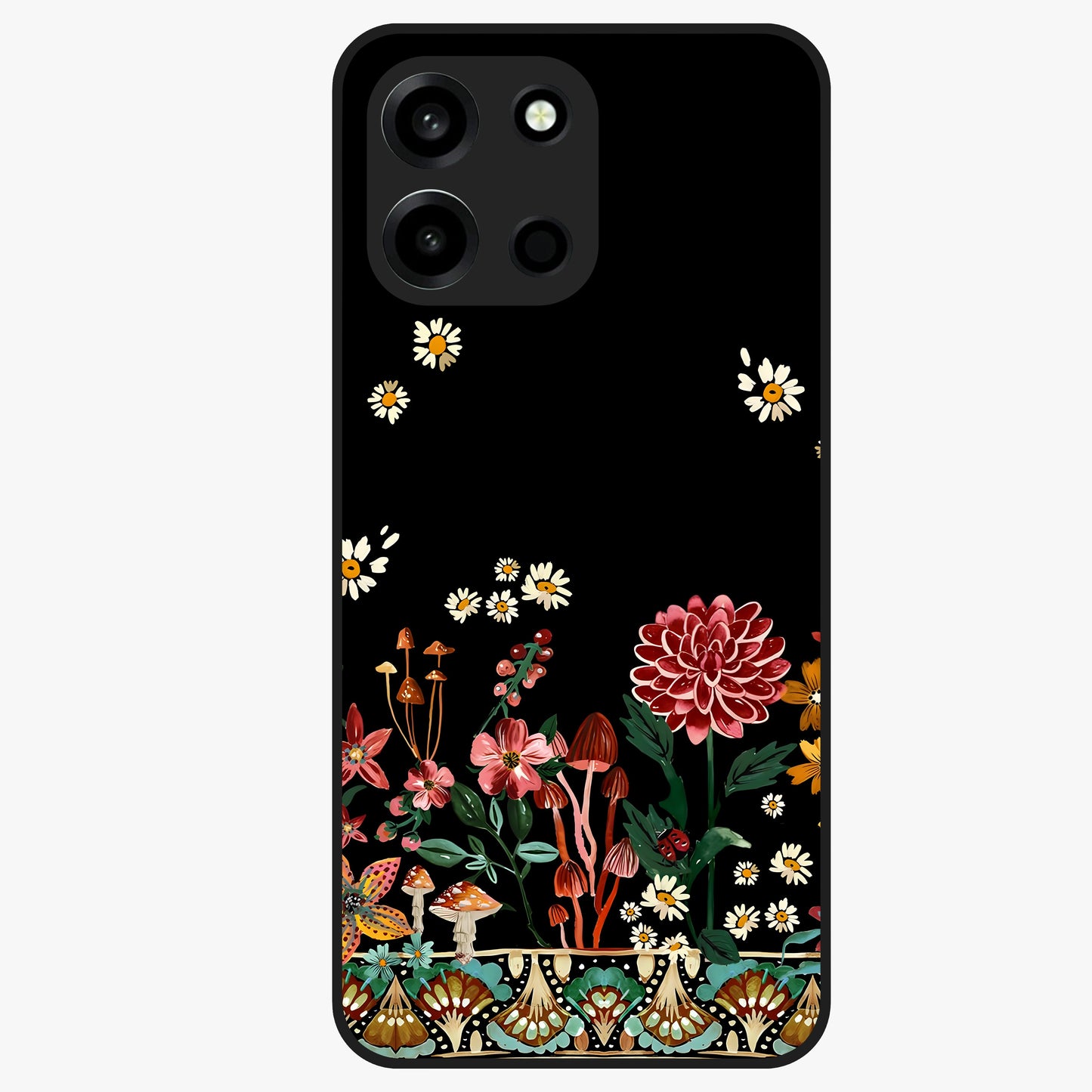 Midnight Bloom Pattern Glass Case showing flat back view with dark floral pattern artwork and glossy glass finish.