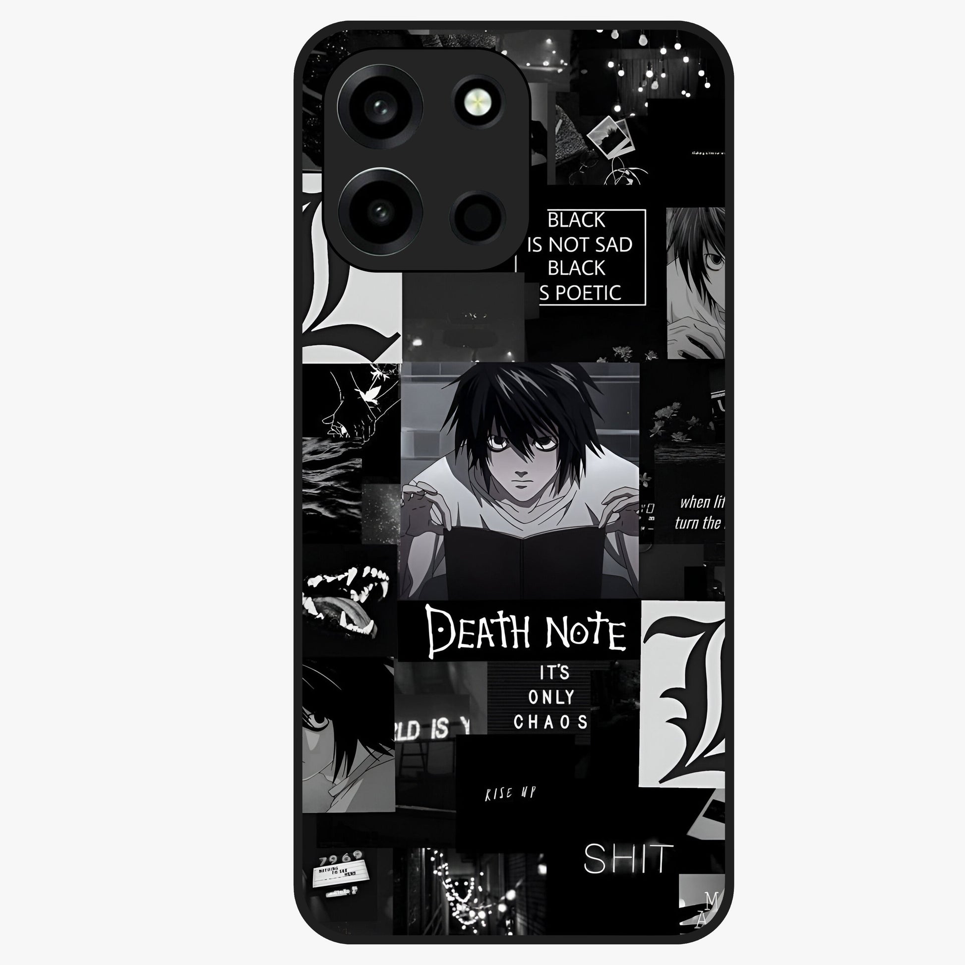 Midnight Chaos Mind Glass Case showing flat back view with abstract dark themed artwork and glossy glass finish.