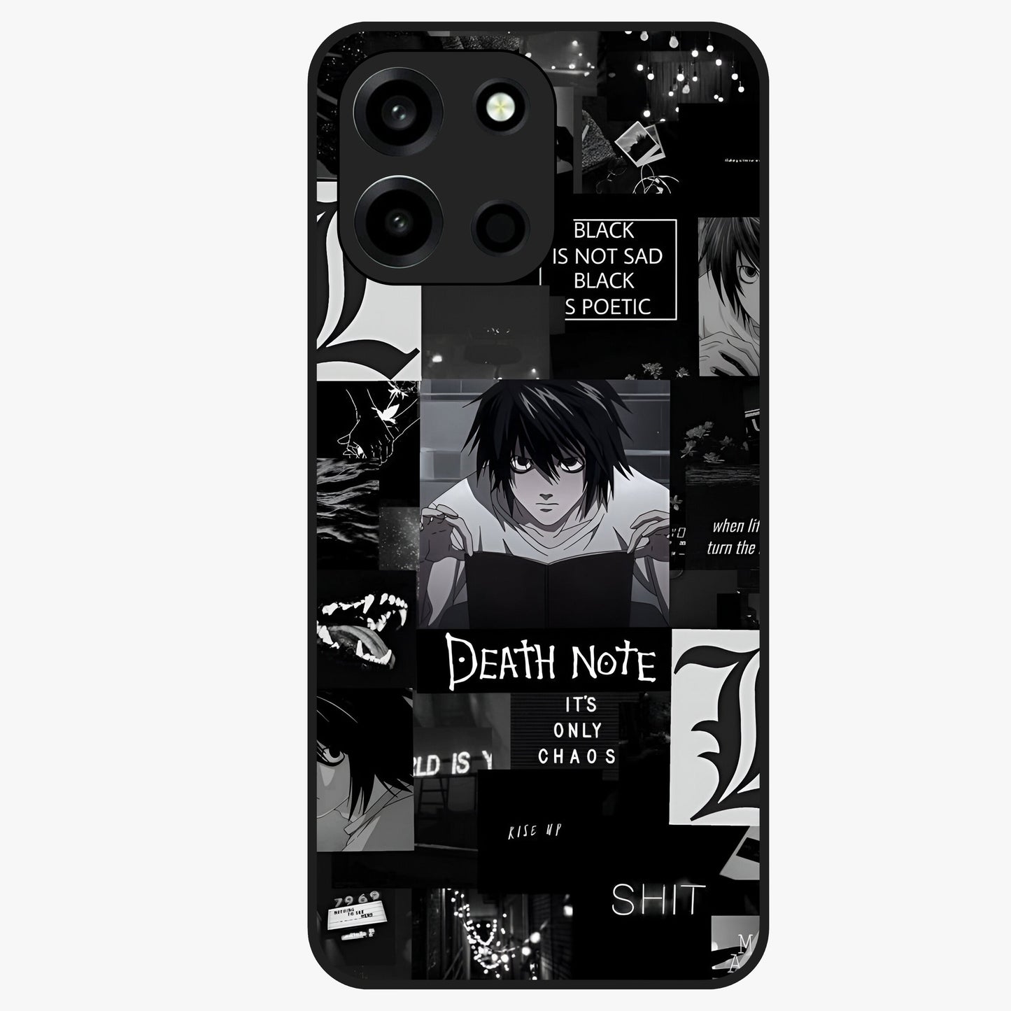 Midnight Chaos Mind Glass Case showing flat back view with abstract dark themed artwork and glossy glass finish.