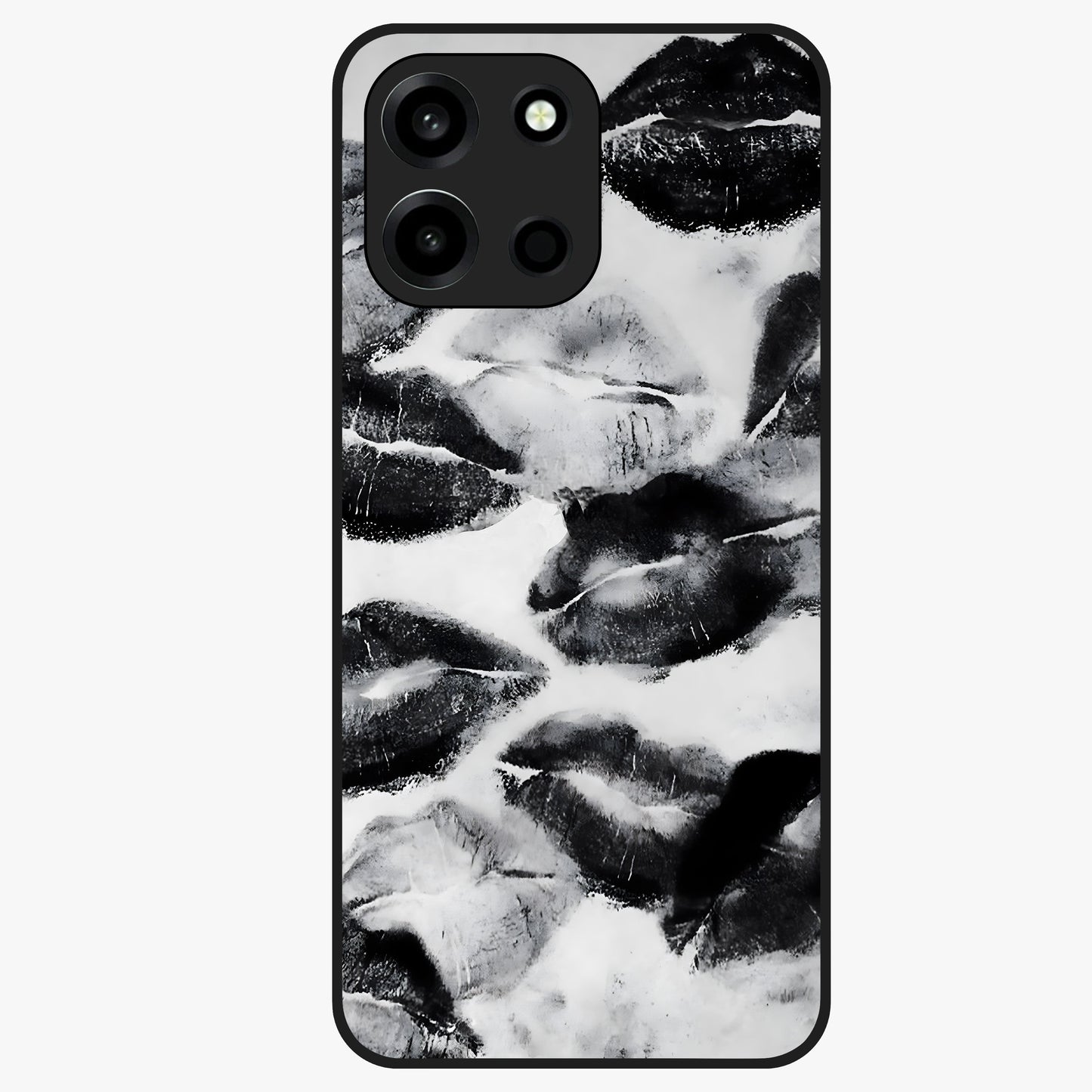 Midnight Kiss Marks Glass Case showing flat back view with lipstick kiss mark artwork and glossy glass finish.