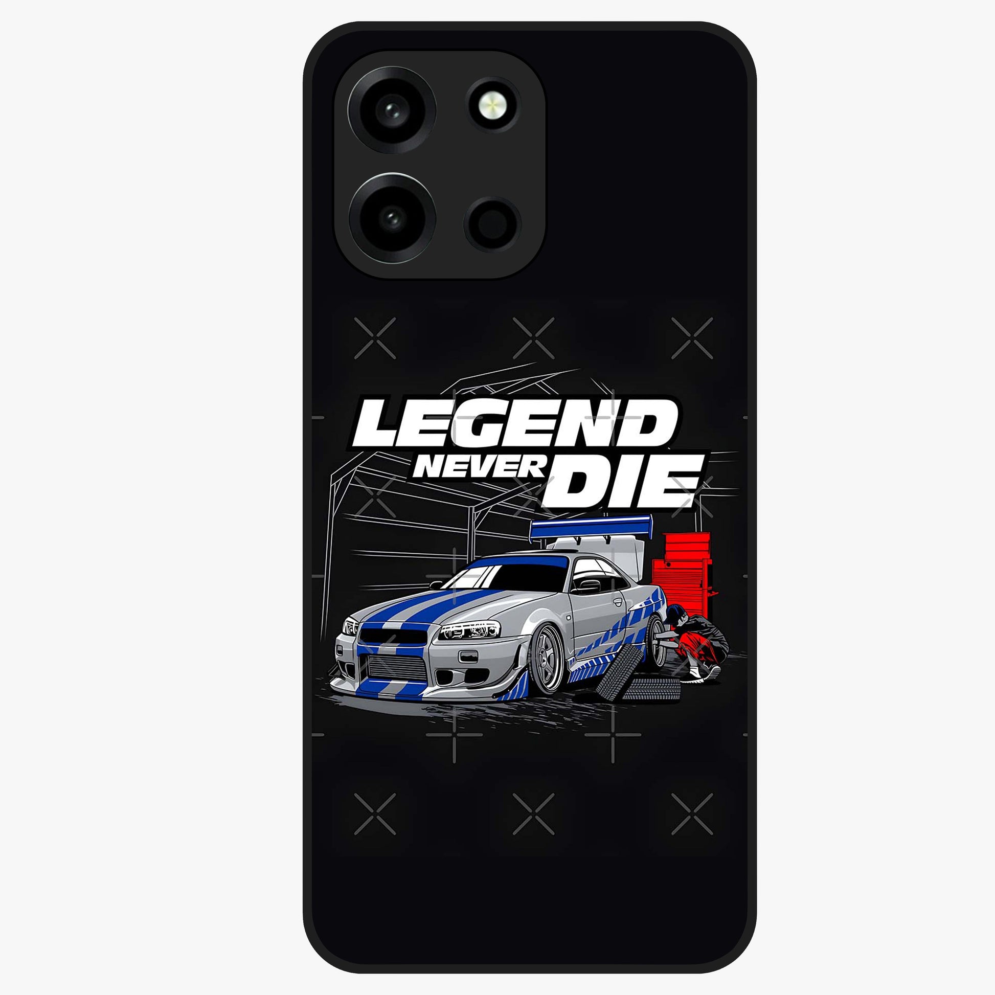 Midnight Racing Legacy Glass Case showing flat back view with sleek racing inspired artwork and glossy glass finish.