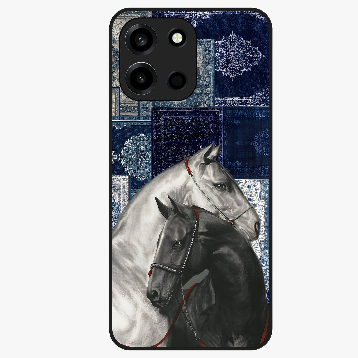 Midnight Stallion Blues Glass Case showing flat back view with majestic horse artwork and glossy glass finish.