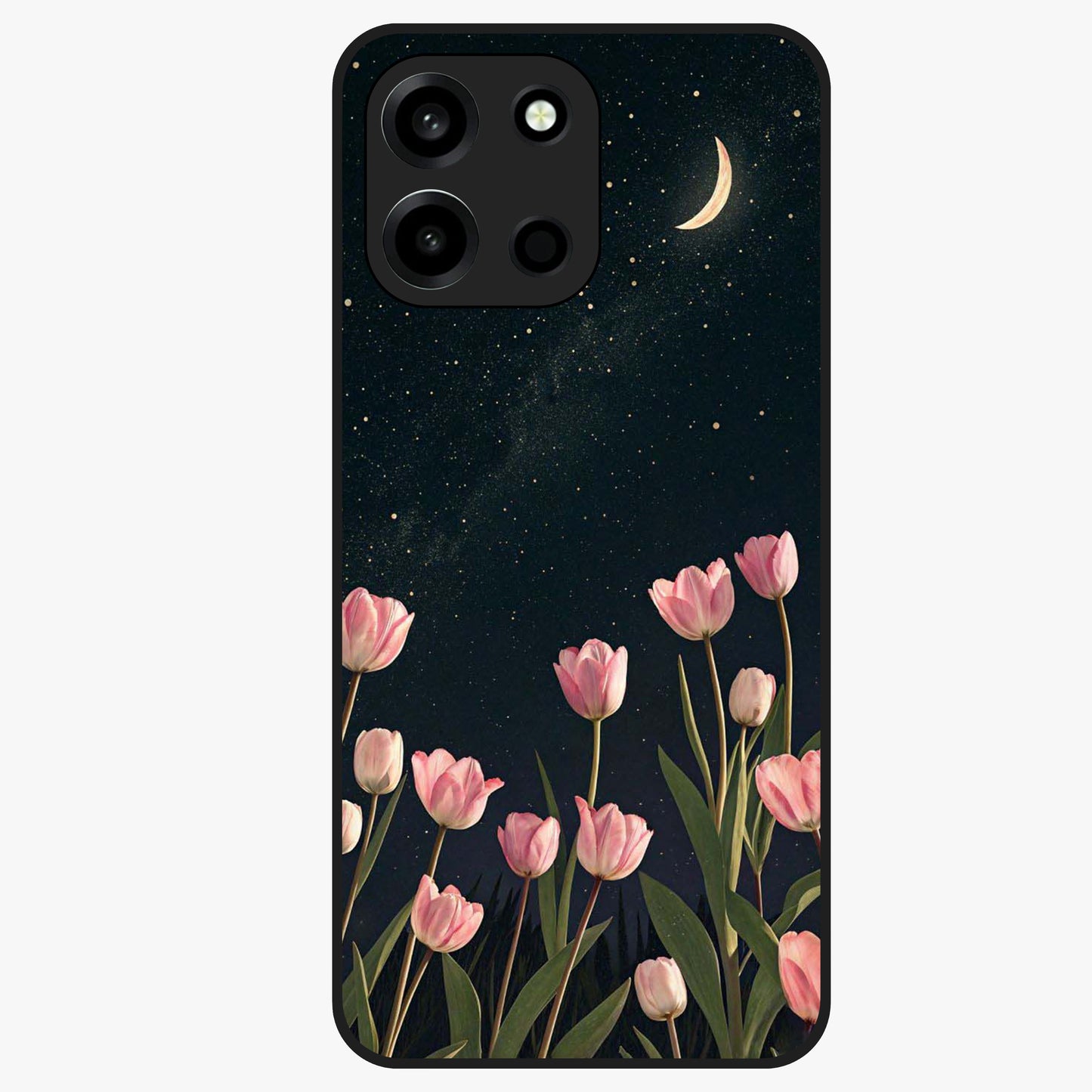 Midnight Tulip Whispers Vibe Glass Case showing flat back view with elegant tulip flower artwork and glossy glass finish.