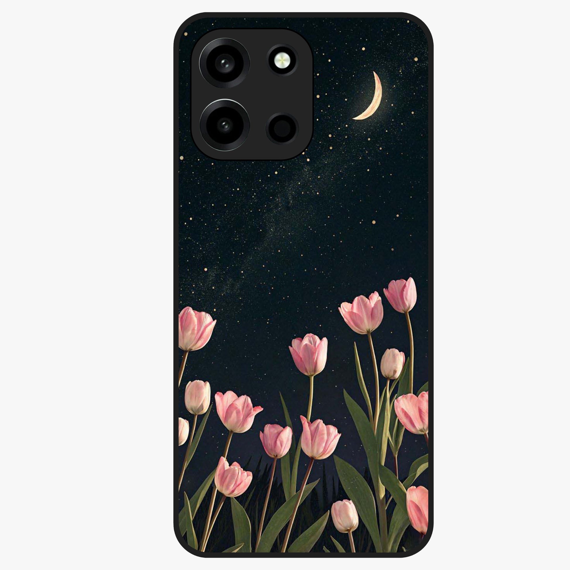 Midnight Tulip Whispers Vibe Glass Case showing flat back view with elegant tulip flower artwork and glossy glass finish.