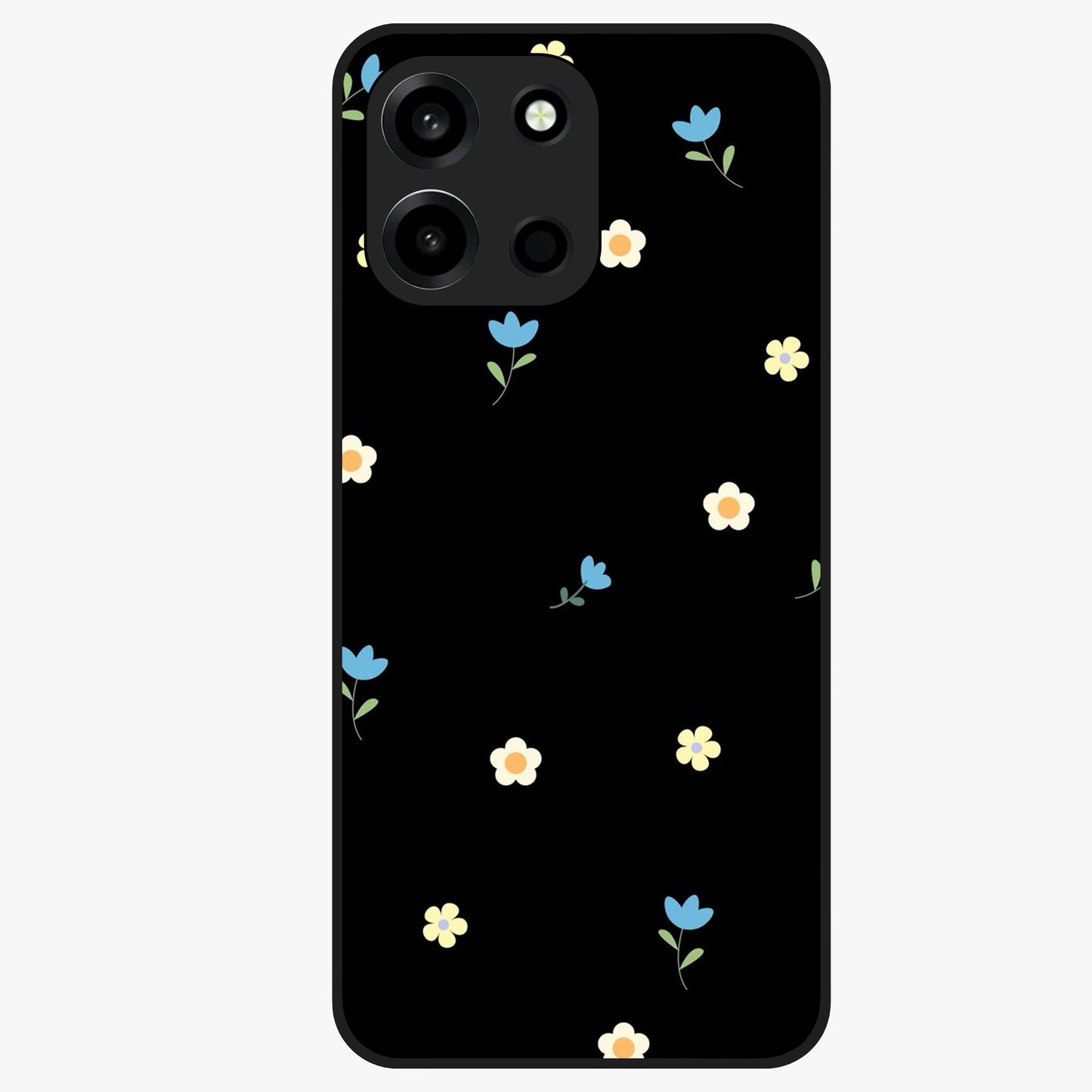 Minimal Petal Whispers Glass Case showing flat back view with soft minimal floral artwork and glossy glass finish.