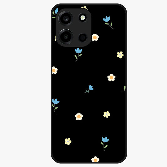 Minimalistic Blue With White Flower Pattern Glass Case showing flat back view with blue background and white flower pattern and glossy glass finish.