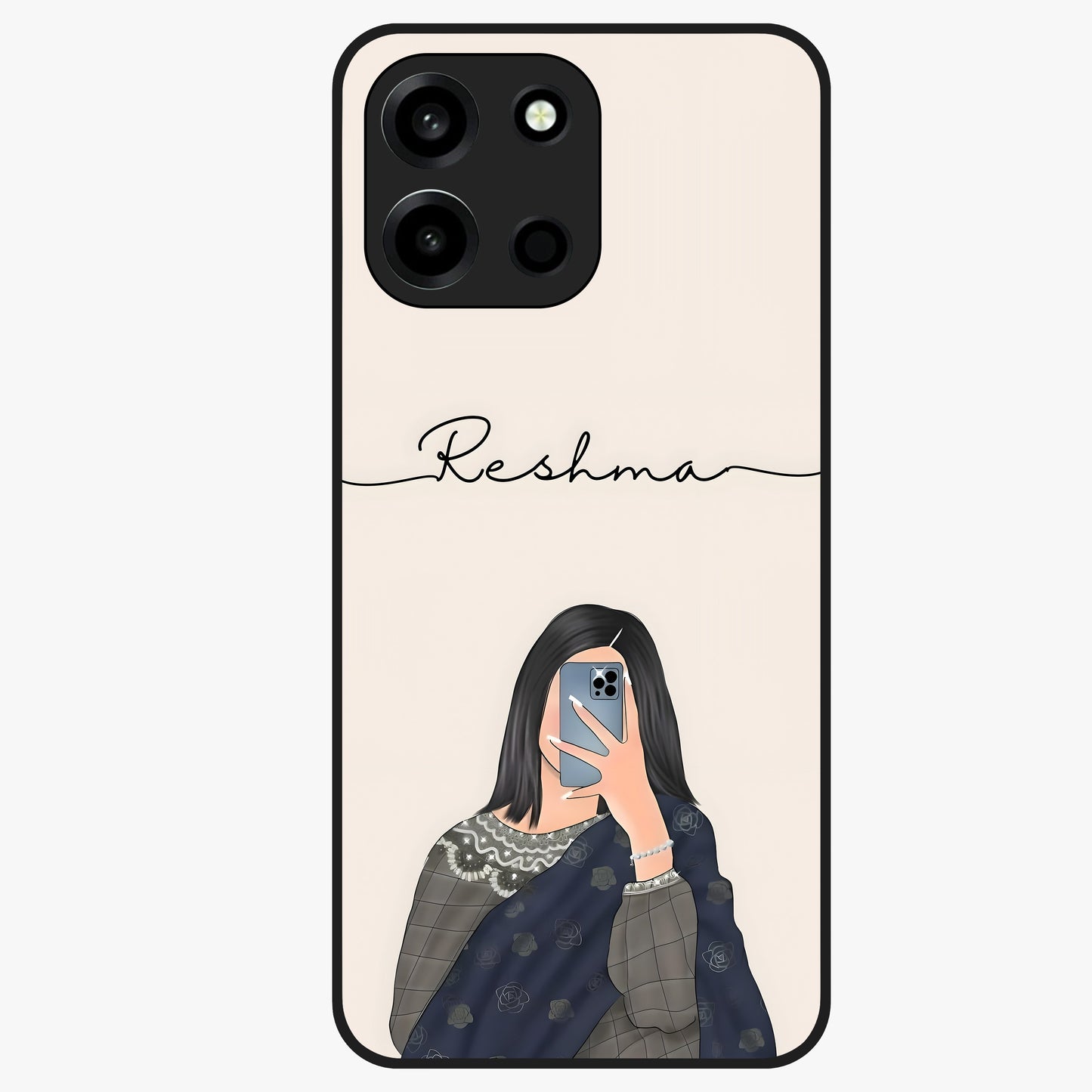Mirror Mood Muse With Custom Name Glass Case showing flat back view with stylish mirrored artwork and personalized name design.