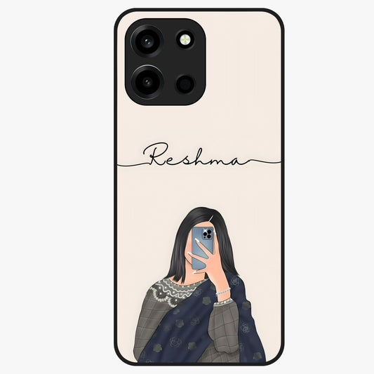 Mirror Mood Muse With Custom Name Glass Case showing flat back view with stylish mirrored artwork and personalized name design.