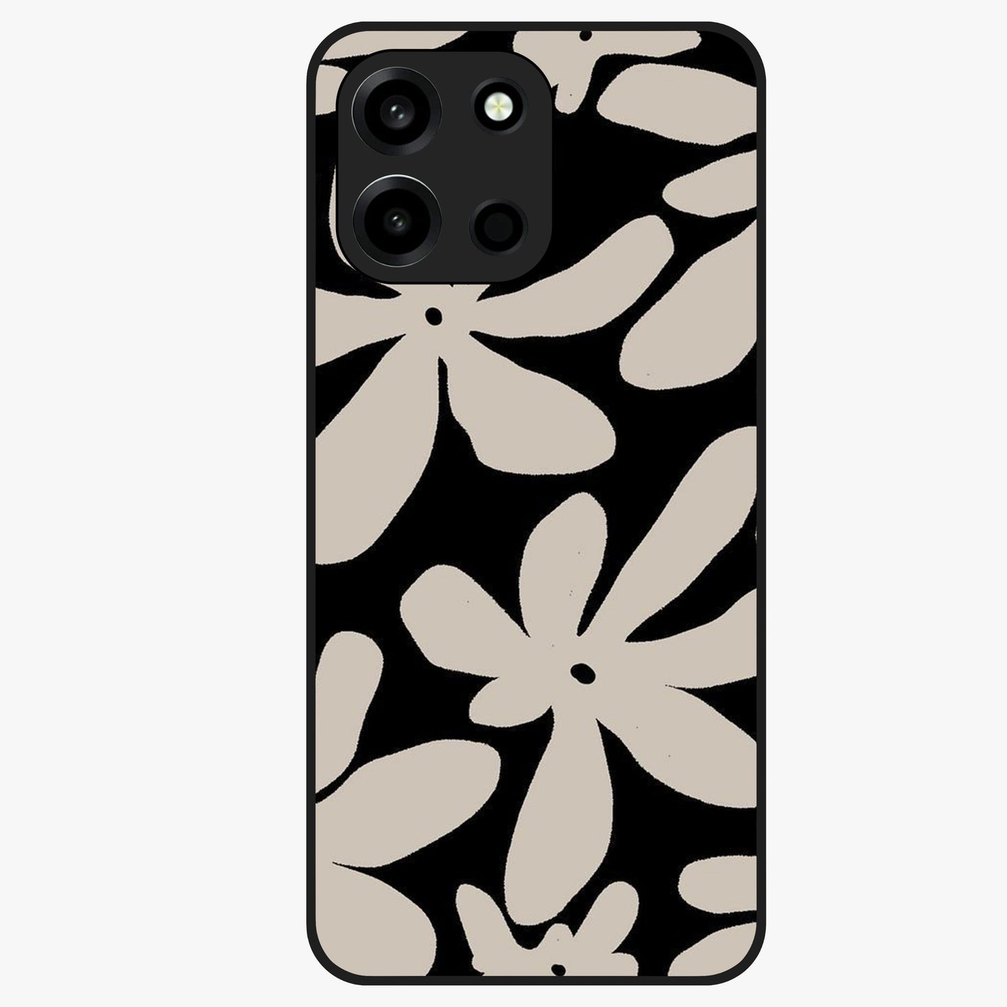 Monochrome Petal Dance Glass Case showing flat back view with monochrome floral artwork and glossy glass finish.