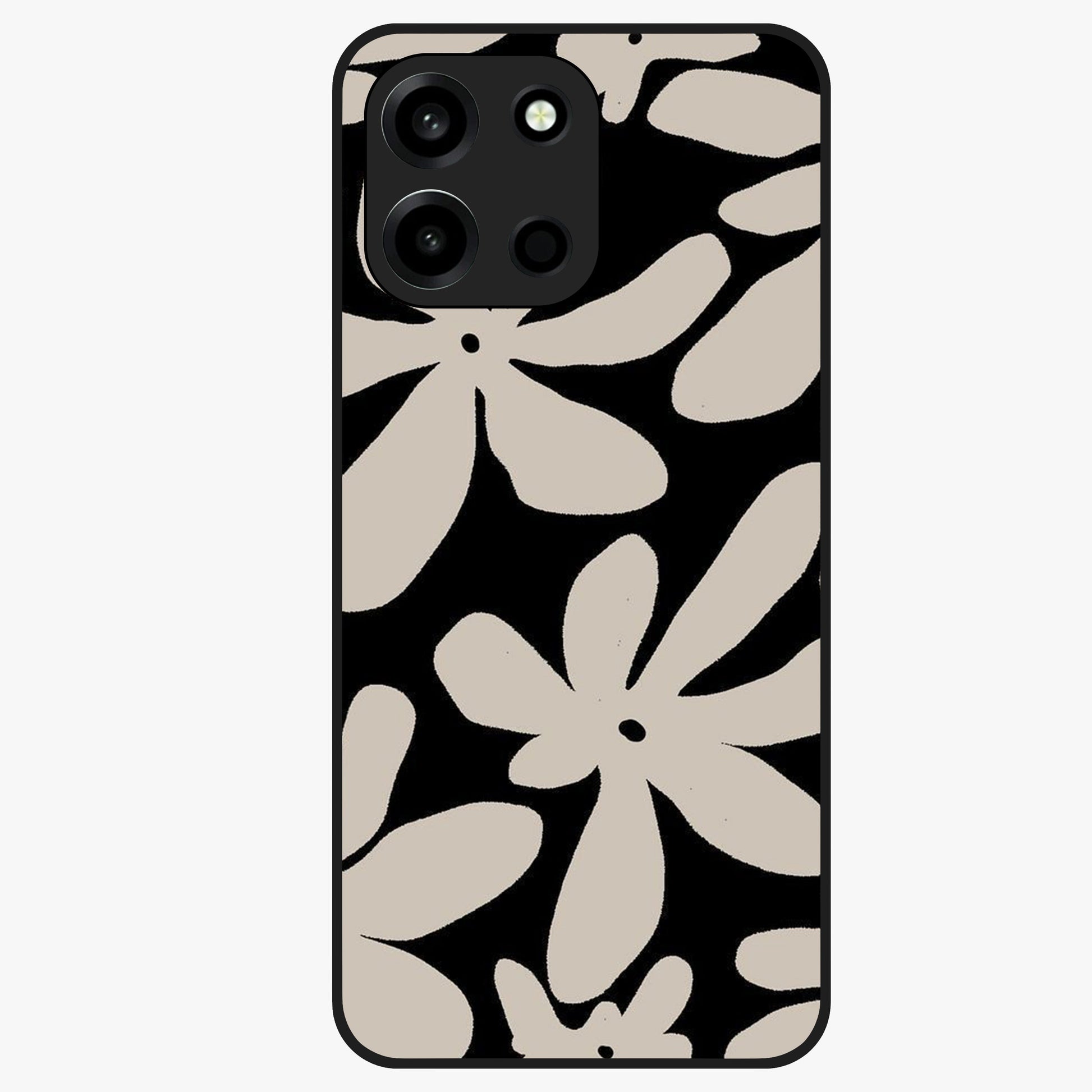 Monochrome Petal Dance Glass Case showing flat back view with monochrome floral artwork and glossy glass finish.