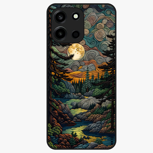 Moonlight Forest Dream Glass Case showing flat back view with mystical forest moonlight artwork and glossy glass finish.