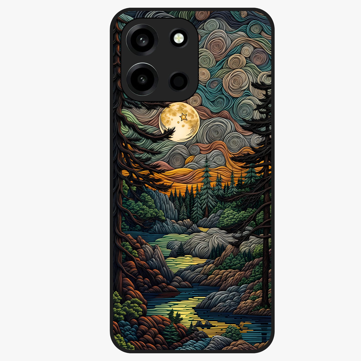 Moonlight Forest Dream Glass Case showing flat back view with mystical forest moonlight artwork and glossy glass finish.