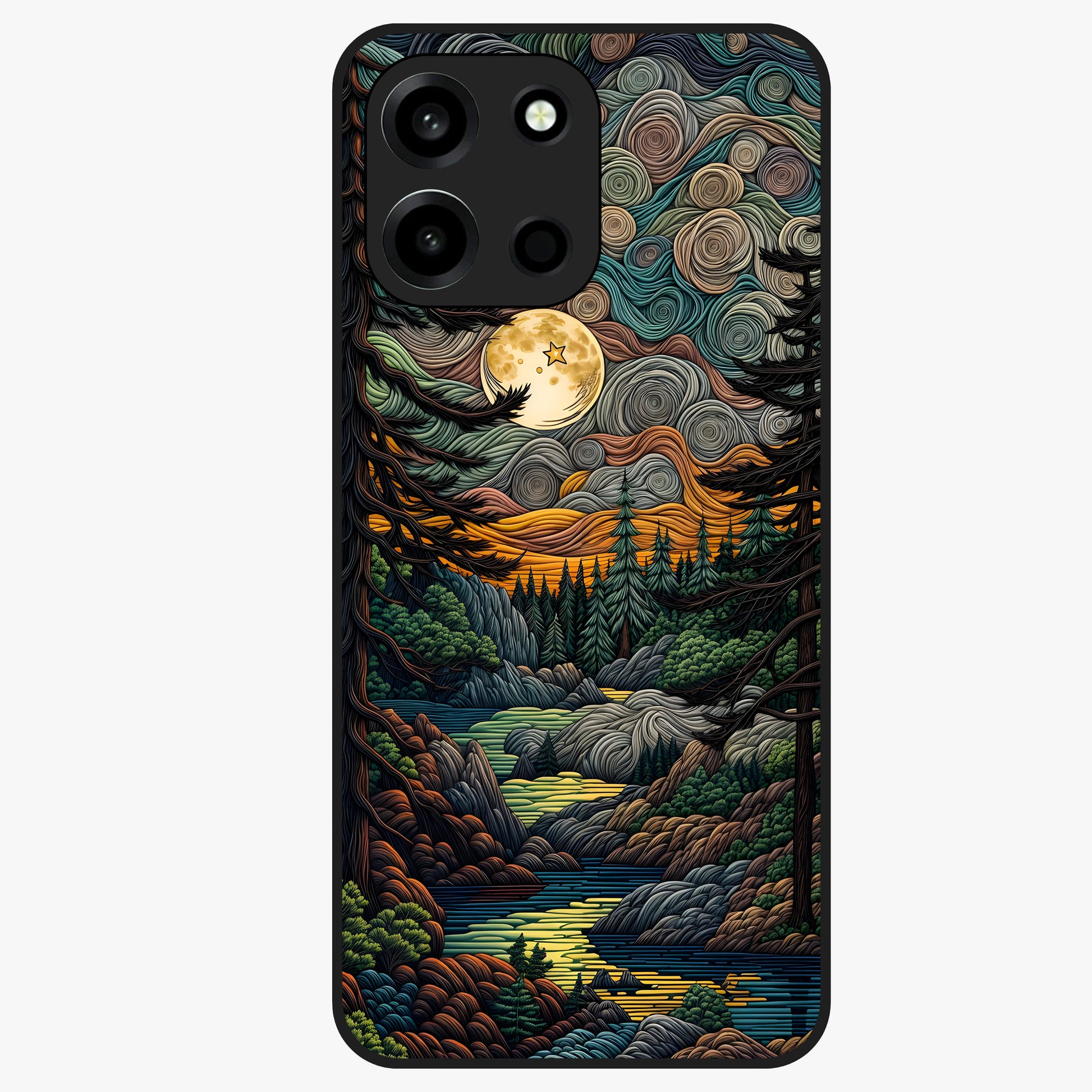 Moonlight Forest Dream Glass Case showing flat back view with mystical forest moonlight artwork and glossy glass finish.