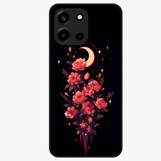 Moonlit Floral Elegance Glass Case showing flat back view with elegant floral artwork under moonlit tones and glossy glass finish.