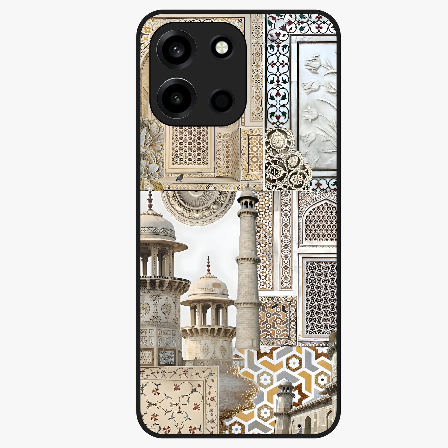 Mughal Marble Legacy Glass Case showing flat back view with intricate Mughal inspired marble pattern and glossy glass finish.