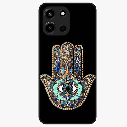 Mystic Hamsa Eye Glass Case showing flat back view with protective hamsa hand and evil eye artwork and glossy glass finish.