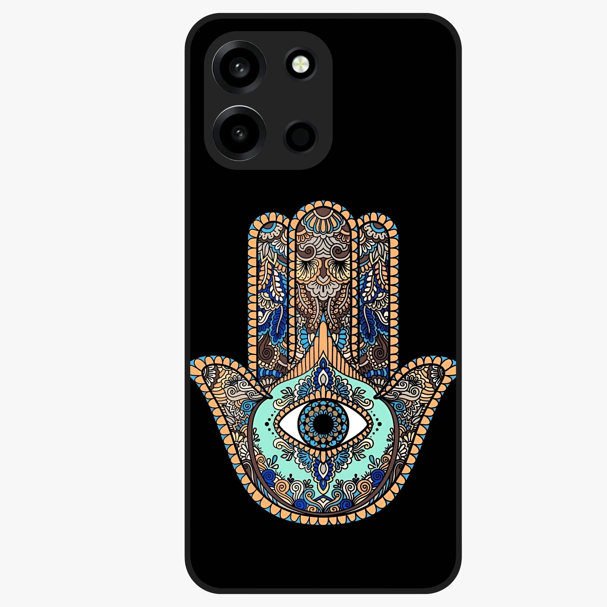 Mystic Hamsa Eye Glass Case showing flat back view with protective hamsa hand and evil eye artwork and glossy glass finish.
