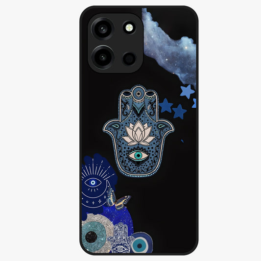 Mystic Hand Aura Glass Case showing flat back view with mystical hand symbol artwork and glossy glass finish.