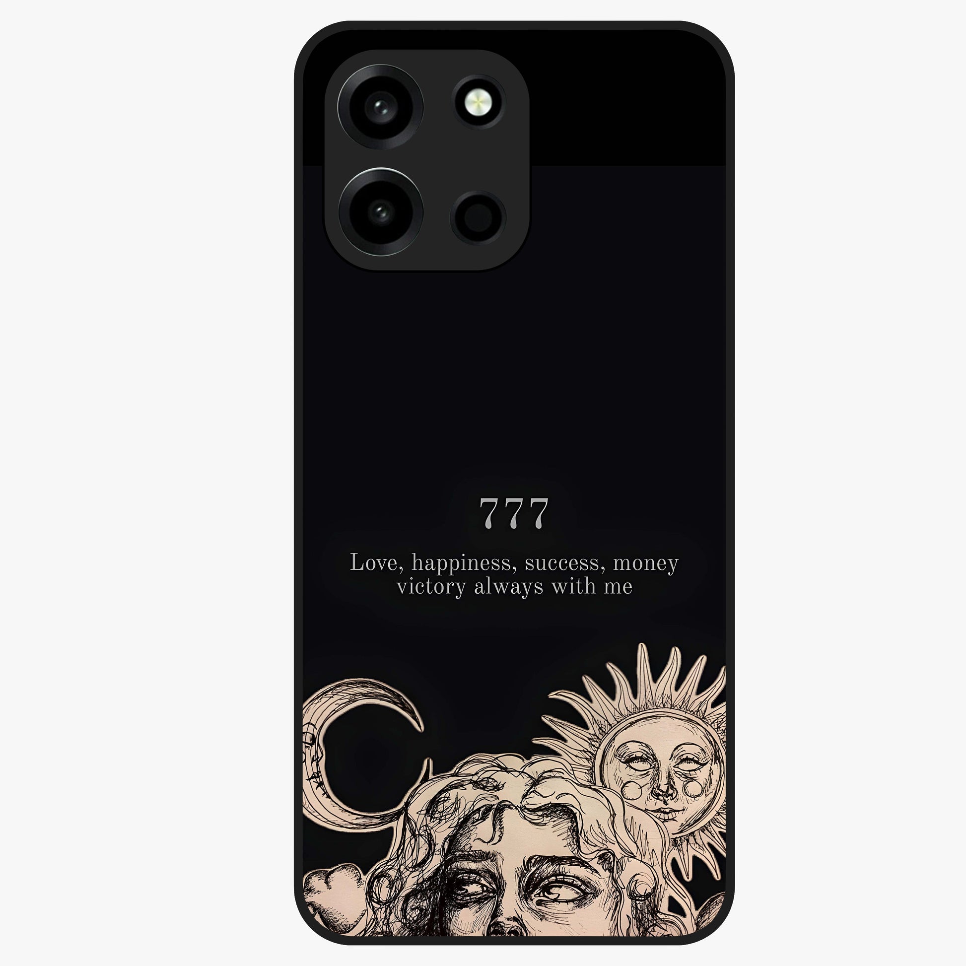 Mystic Victory Aura Glass Case showing flat back view with victory symbol artwork and glossy glass finish.