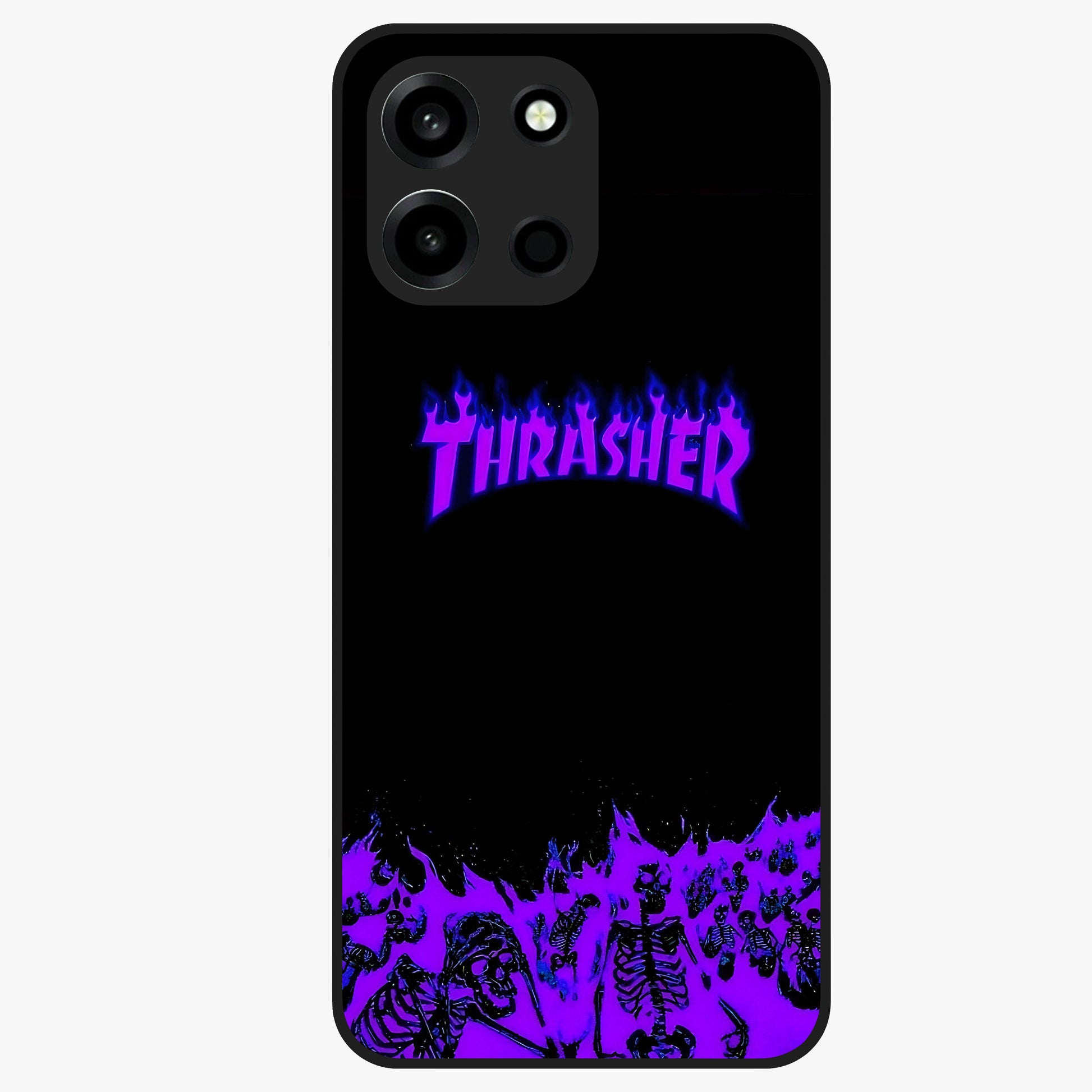 Neon Flame Riot Glass Case showing flat back view with neon flame artwork and glossy glass finish.