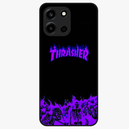 Neon Flame Riot Glass Case showing flat back view with neon flame artwork and glossy glass finish.