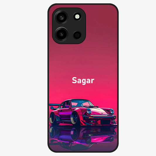 Neon Pink Porsche Glass Case showing flat back view with stylish sports car artwork and glossy glass finish.