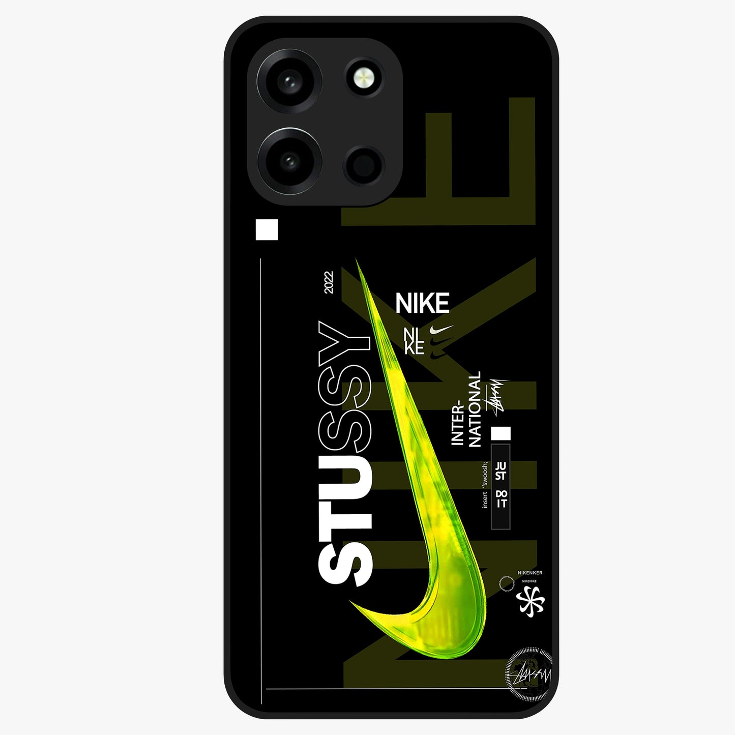 Neon Street Edition Glass Case showing flat back view with neon street style artwork and glossy glass finish.