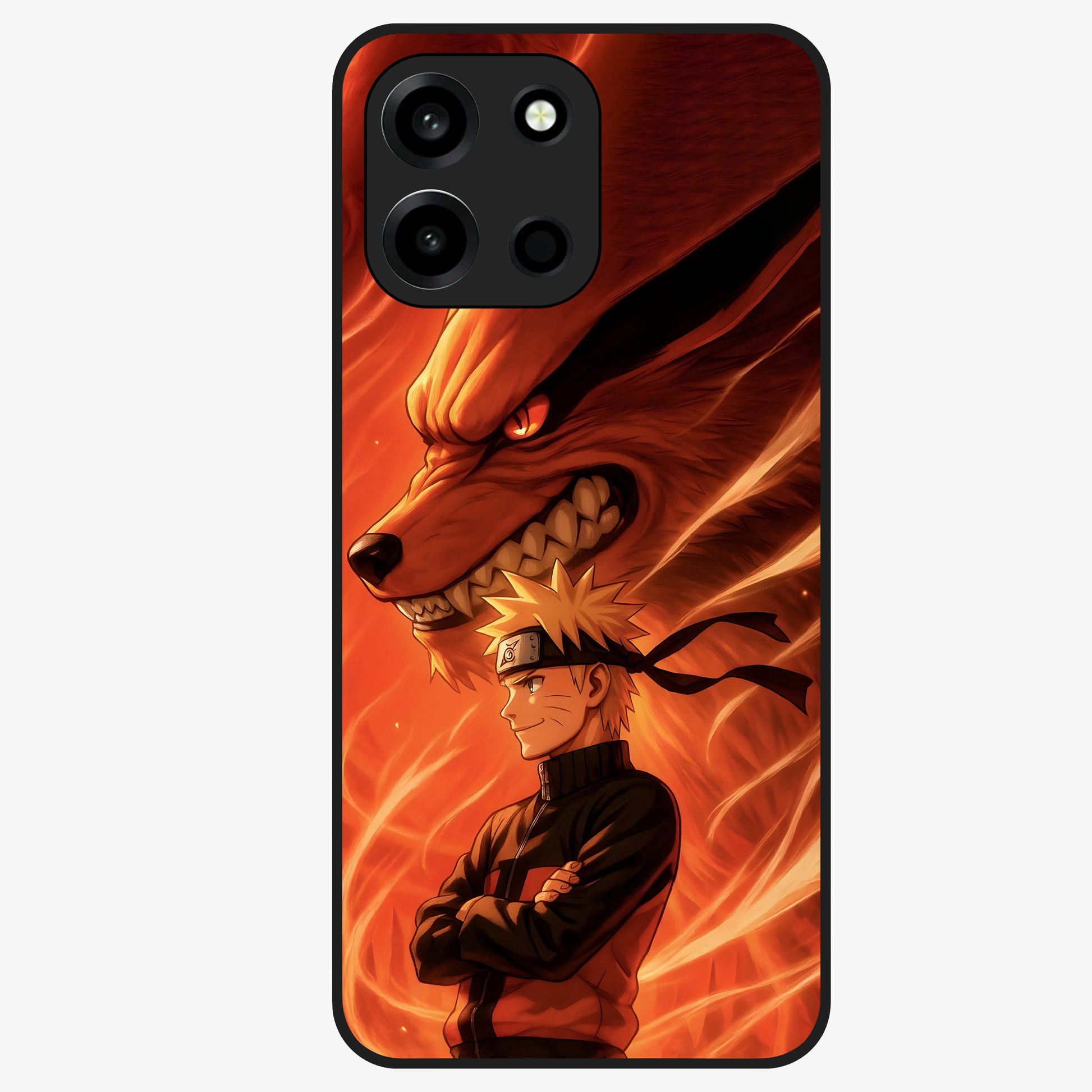 Nine Tails Legacy Glass Case showing flat back view with powerful nine-tailed fox inspired artwork and glossy glass finish.