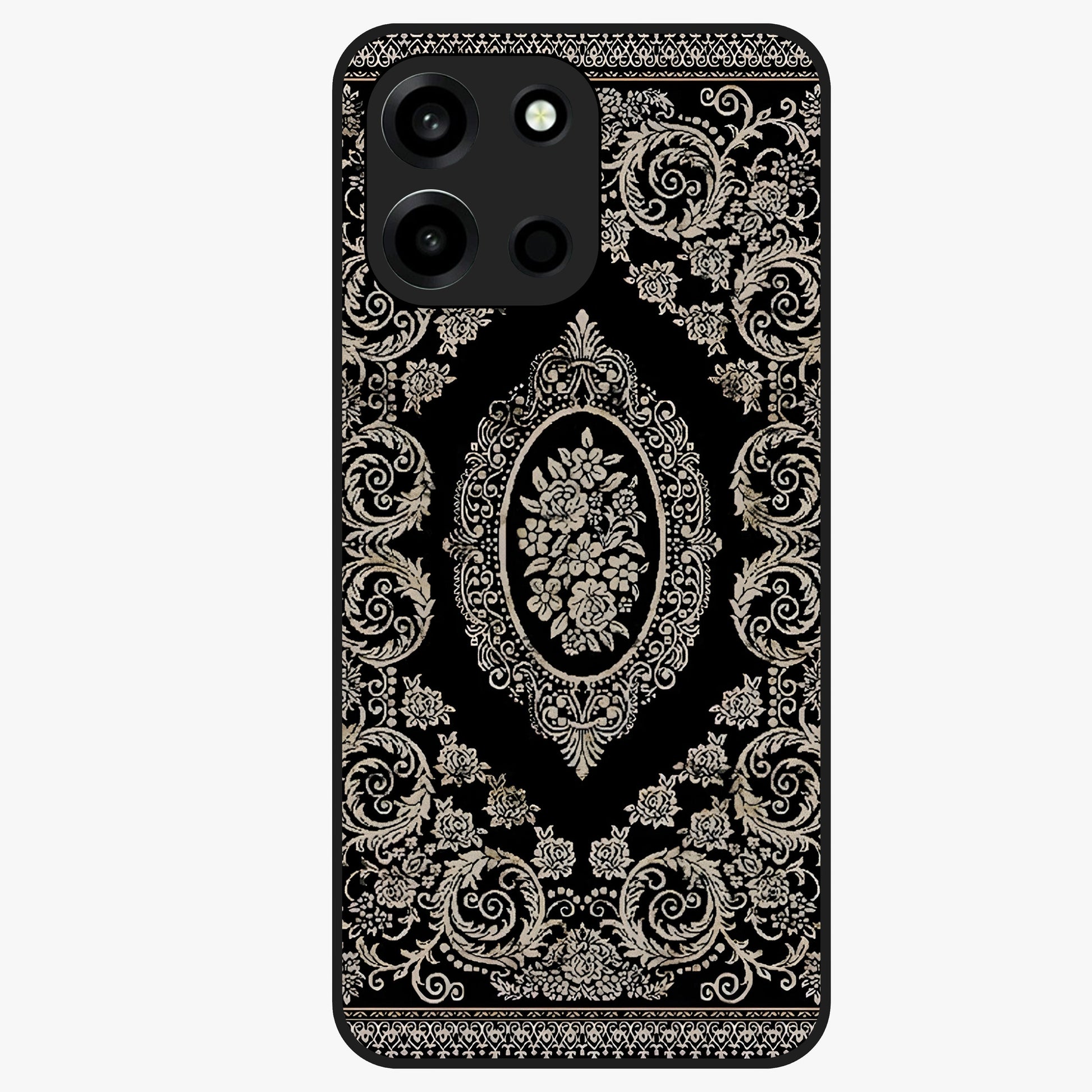 Noir Bloom Elegance Glass Case showing flat back view with elegant dark floral artwork and glossy glass finish.