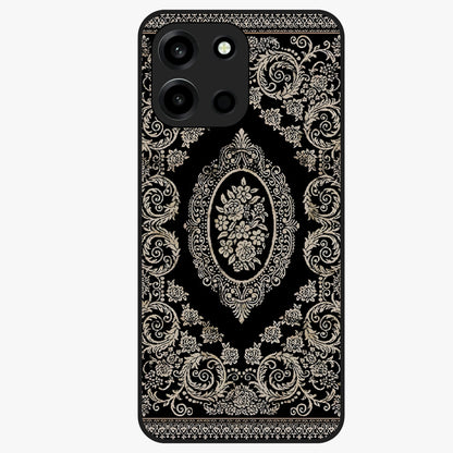 Noir Bloom Elegance Glass Case showing flat back view with elegant dark floral artwork and glossy glass finish.