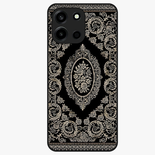Noir Bloom Elegance Glass Case showing flat back view with elegant dark floral artwork and glossy glass finish.