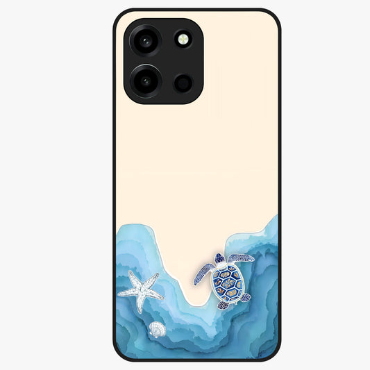 Ocean Drift Turtle Glass Case showing flat back view with sea turtle artwork and glossy glass finish.