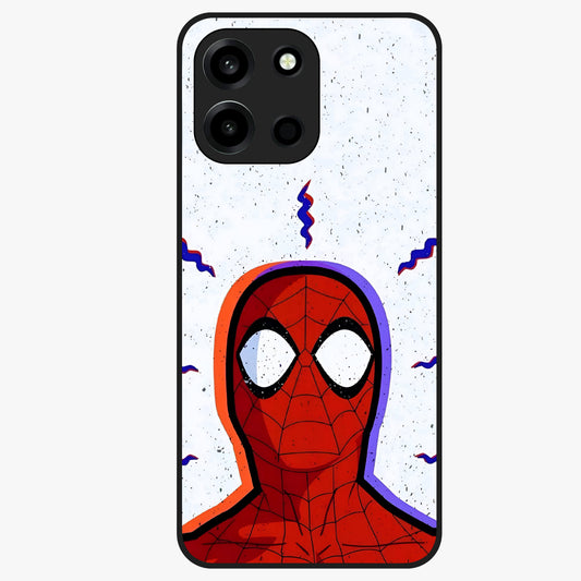 Omg Spiderman Glass Case showing flat back view with bold superhero inspired artwork and glossy glass finish.