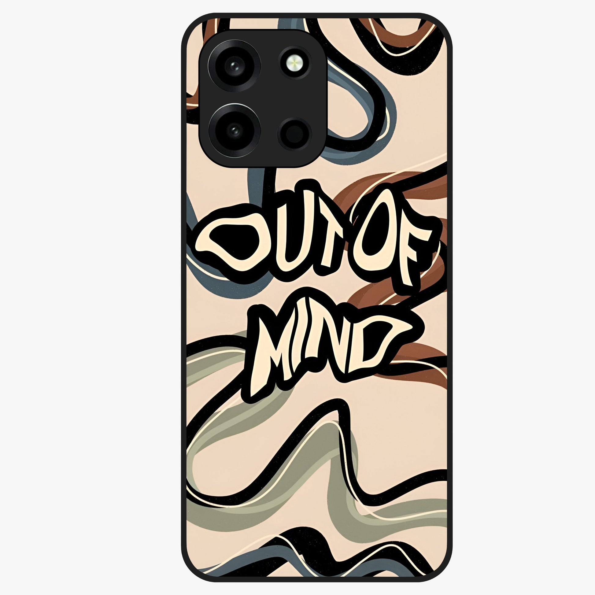 Out Of Mind Glass Case showing flat back view with expressive typography artwork and glossy glass finish.