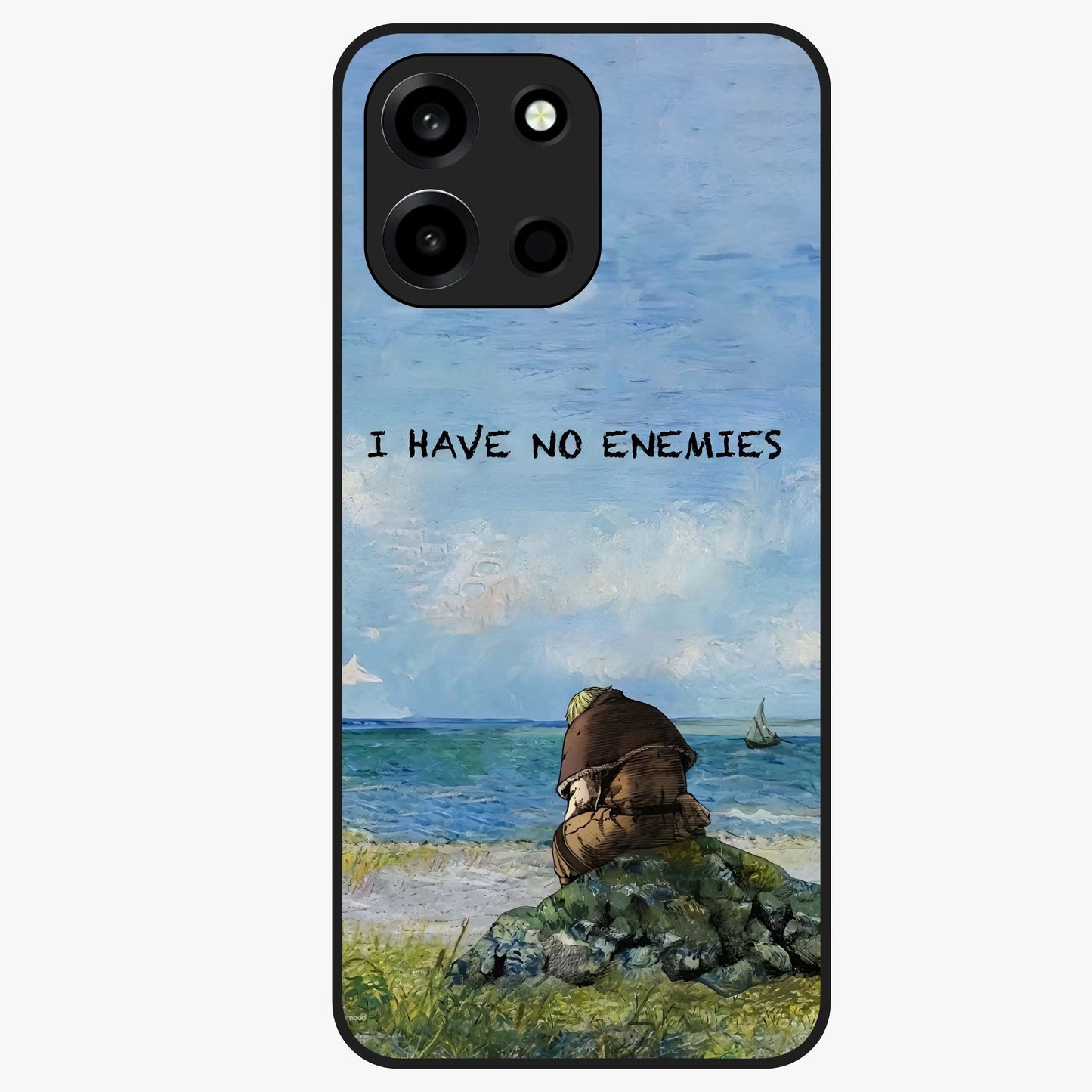 Peace Beyond War Glass Case showing flat back view with symbolic peace themed artwork and glossy glass finish.