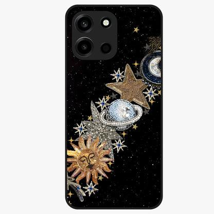 Pearls Universe Object Glass Case showing flat back view with pearl inspired cosmic artwork and glossy glass finish.