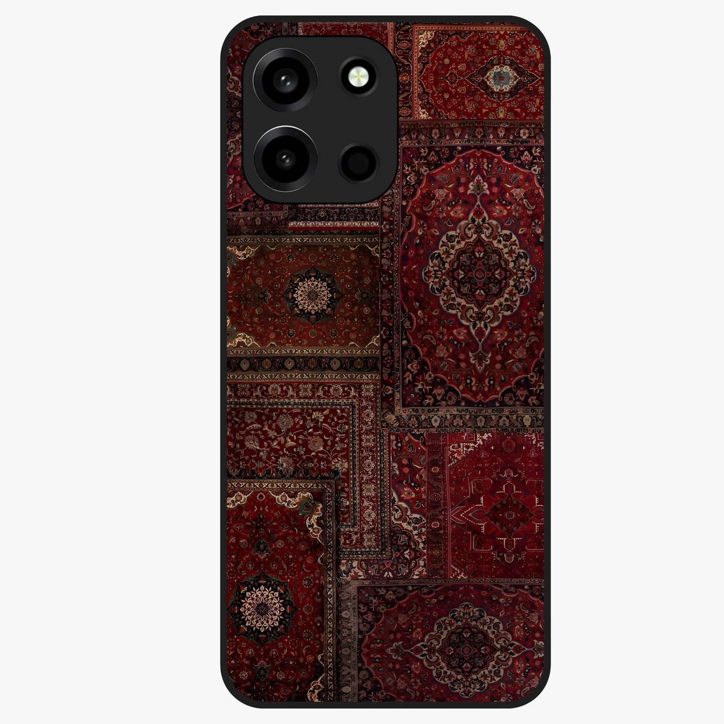Persian Velvet Tale Glass Case showing flat back view with luxurious Persian velvet pattern artwork and glossy glass finish.