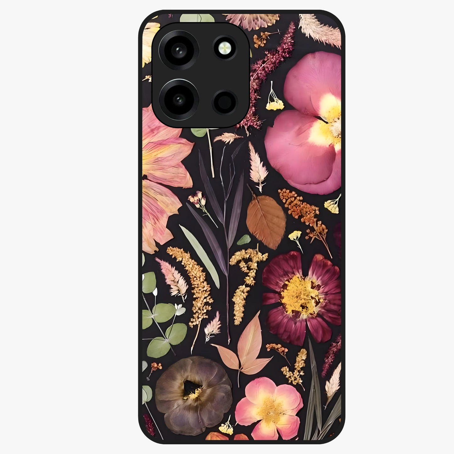 Petal Dream Tapestry Glass Case showing flat back view with intricate floral tapestry artwork and glossy glass finish.