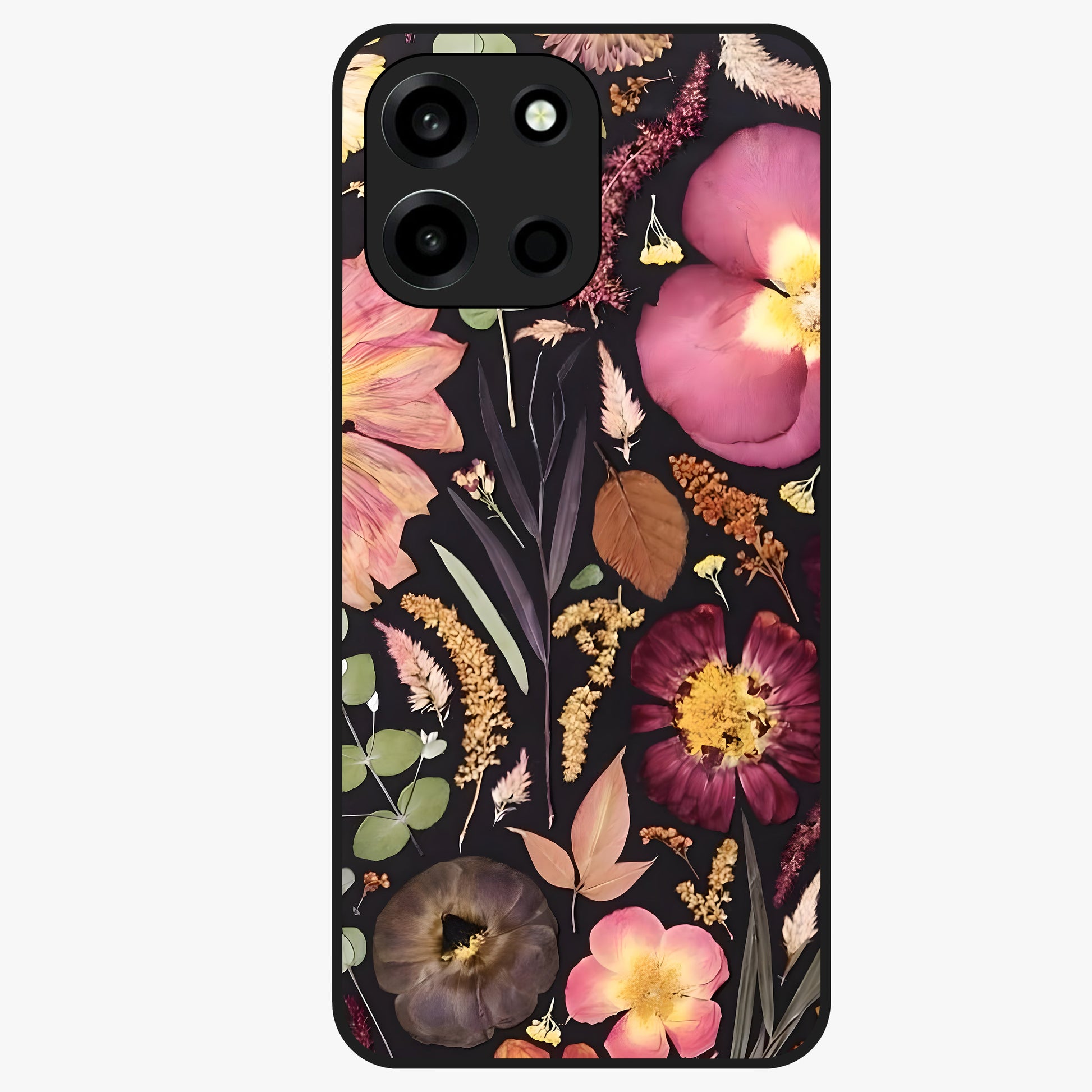 Petal Dream Tapestry Glass Case showing flat back view with intricate floral tapestry artwork and glossy glass finish.