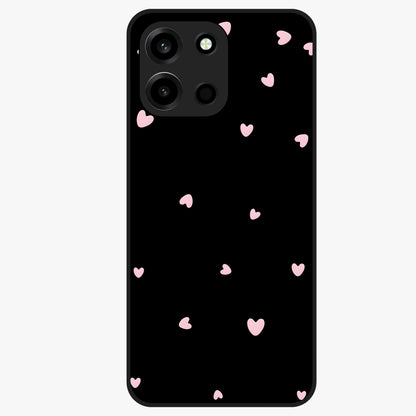 Pink Love Drops Glass Case showing flat back view with playful pink heart drops artwork and glossy glass finish.
