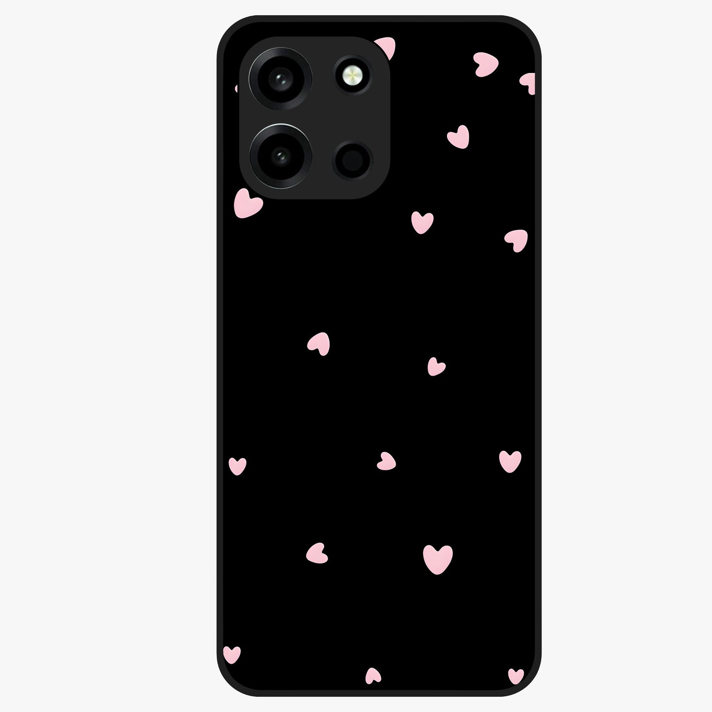 Pink Love Drops Glass Case showing flat back view with playful pink heart drops artwork and glossy glass finish.