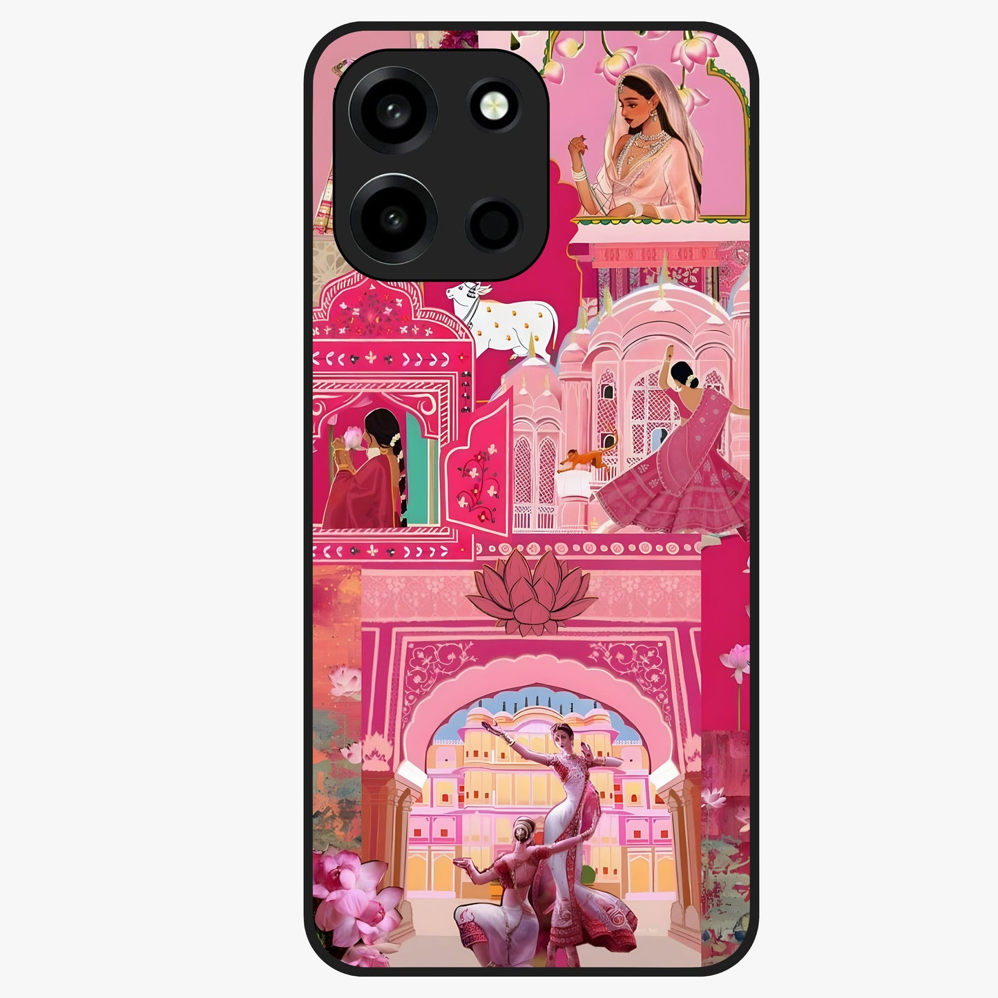 Pink Palace Muse Glass Case showing flat back view with elegant palace inspired artwork and glossy glass finish.
