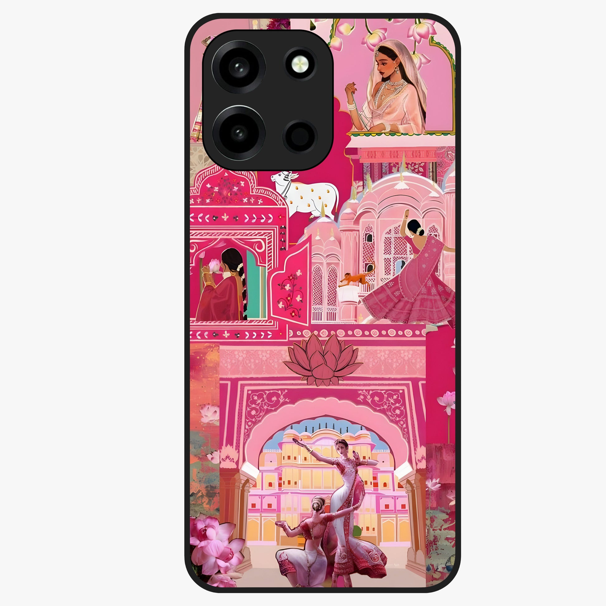 Pink Palace Muse Glass Case showing flat back view with elegant palace inspired artwork and glossy glass finish.