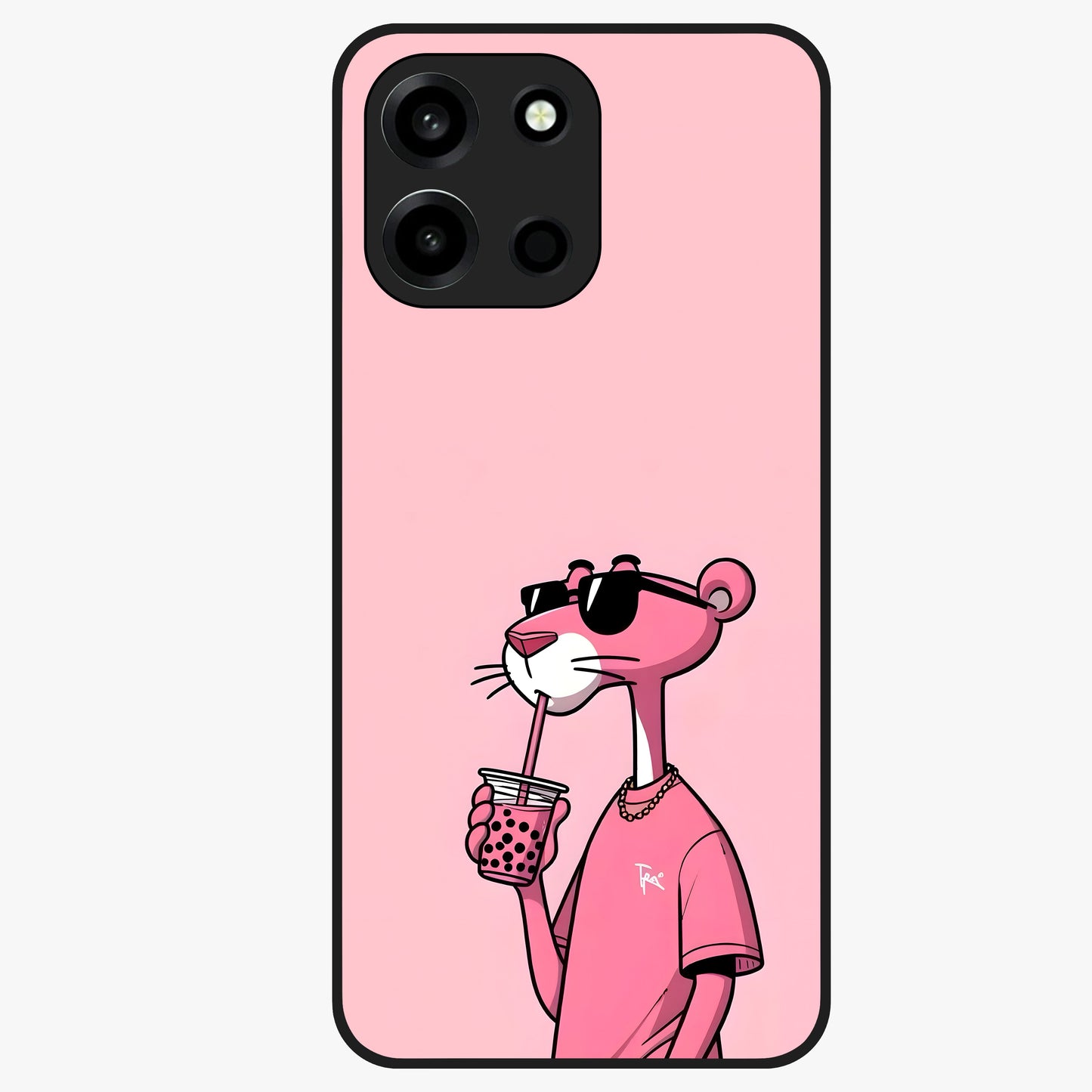 Pink Panther Glass Case showing flat back view with iconic pink panther artwork and glossy glass finish.
