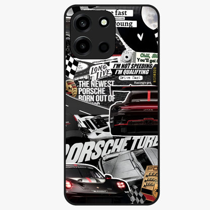Porsche Racing Collage Glass Case showing flat back view with sports car racing collage artwork and glossy glass finish.