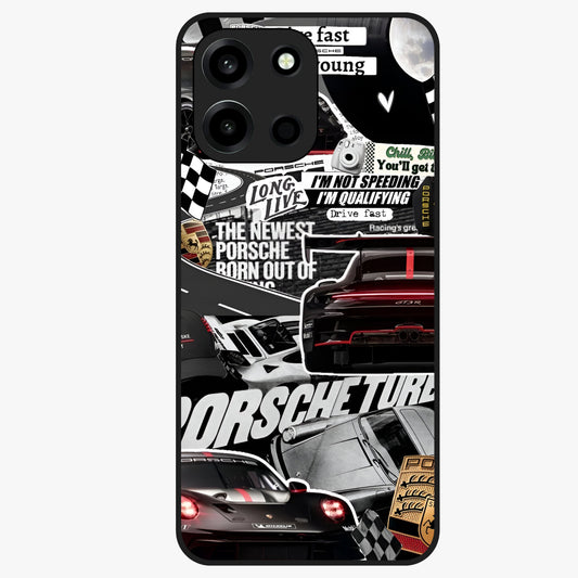 Porsche Racing Collage Glass Case showing flat back view with sports car racing collage artwork and glossy glass finish.