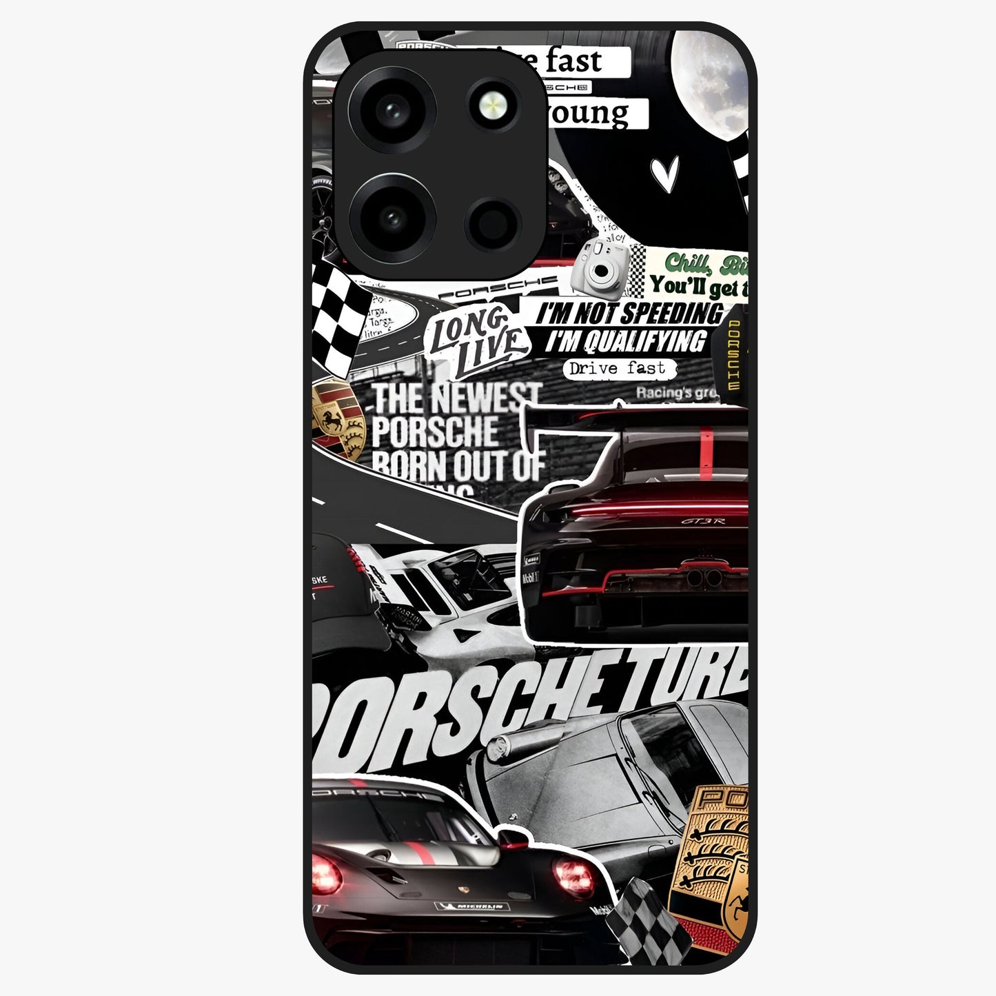 Porsche Racing Collage Glass Case showing flat back view with sports car racing collage artwork and glossy glass finish.