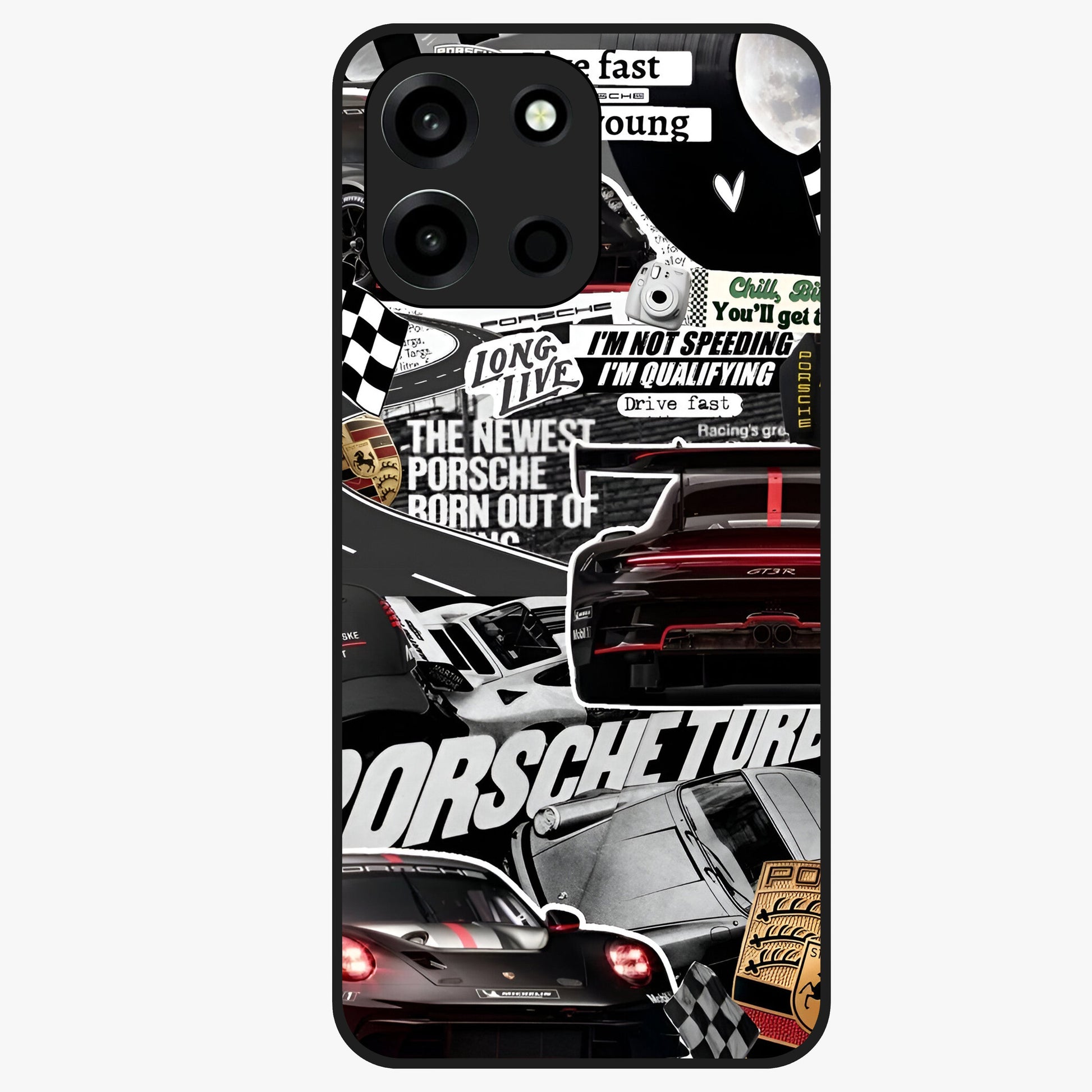 Porsche Racing Collage Glass Case showing flat back view with sports car racing collage artwork and glossy glass finish.